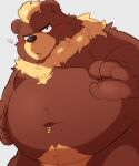  2023 96tning anthro bear belly big_belly black_nose brown_body brown_fur fur humanoid_hands kemono male mammal moobs navel simple_background solo 
