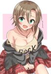  1girl black_jacket blush breasts brown_hair brown_shirt cleavage collarbone green_eyes grid_background hair_ornament hairclip haruki_(haruki678) hiragana idolmaster idolmaster_cinderella_girls idolmaster_cinderella_girls_starlight_stage jacket jewelry long_sleeves looking_at_viewer medium_breasts necklace off_shoulder open_mouth pink_background plaid plaid_skirt print_shirt red_skirt shirt short_hair sitting skirt smile solo tada_riina two-tone_background white_background 