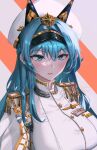  1girl absurdres aqua_hair blue_eyes breasts epaulettes goddess_of_victory:_nikke hat helm_(nikke) highres huge_breasts jesh_art long_hair long_sleeves medal military military_uniform simple_background uniform very_long_hair white_headwear 