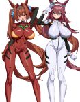  2girls absurdres animal_ears arm_up ayanami_rei ayanami_rei_(cosplay) blue_eyes blush bodysuit breasts brown_hair chinese_commentary commentary cosplay daiwa_scarlet_(umamusume) fang feet_out_of_frame feipin_zhanshi gloves hair_between_eyes hair_intakes hair_ornament hairband highres horse_ears horse_girl horse_tail large_breasts long_hair looking_at_viewer mihono_bourbon_(umamusume) multiple_girls neon_genesis_evangelion open_mouth pilot_suit plugsuit purple_hair red_bodysuit red_eyes simple_background skin_tight souryuu_asuka_langley souryuu_asuka_langley_(cosplay) standing tail tiara twintails umamusume very_long_hair white_background white_bodysuit white_gloves 