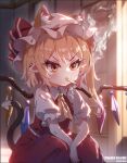  1girl animal_ear_fluff animal_ears ascot blonde_hair blush cat_ears cat_tail character_name cigarette collared_shirt commentary crystal dated diamond-shaped_pupils diamond_(shape) ear_piercing ears_through_headwear flandre_scarlet frilled_shirt_collar frilled_sleeves frills hat hat_ribbon highres kemonomimi_mode kong_zhi_xian_yu medium_hair mob_cap mouth_hold one_side_up orange_eyes piercing puffy_short_sleeves puffy_sleeves red_ribbon red_skirt red_vest ribbon shirt short_sleeves skirt smoke smoking solo symbol-shaped_pupils tail touhou v-shaped_eyebrows vest white_headwear white_shirt wings yellow_ascot 
