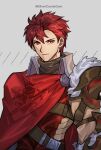  armor belt belt_buckle buckle cape closed_mouth diamant_(fire_emblem) fire_emblem fire_emblem_engage insignia leather looking_at_viewer red_cape red_eyes red_hair silvercandy_gum 