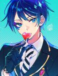  1boy ben-day_dots black_gloves black_jacket blue_background blue_eyes blue_hair candy closed_mouth collared_shirt commentary deuce_spade diagonal-striped_necktie facial_mark food food_in_mouth gloves heart highres holding holding_candy holding_food holding_lollipop jacket lollipop long_sleeves looking_at_viewer male_focus necktie night_raven_college_uniform onko polka_dot polka_dot_background school_uniform screentones shaped_lollipop shirt short_hair sideways_glance simple_background solo spade_(shape) striped_necktie symbol-shaped_pupils twisted_wonderland white_shirt 