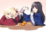  2girls :t arm_support black_hair blonde_hair blue_kimono bright_pupils closed_eyes commentary_request drooling eating food food_in_mouth fruit hair_between_eyes hair_ribbon hand_up holding holding_food hyoe_(hachiechi) inoue_takina japanese_clothes kimono light_blush long_hair long_sleeves lycoris_recoil mandarin_orange mouth_drool multiple_girls nishikigi_chisato one_side_up open_mouth pink_background poking_head purple_eyes red_kimono red_ribbon ribbon simple_background sleeping straight_hair white_pupils wide_sleeves 