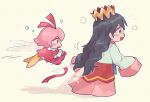  2girls :d black_hair blue_eyes blush blush_stickers chiimako commentary_request crown dress fairy fairy_wings flower_(symbol) flying glasses hair_between_eyes hair_down hair_ribbon holding holding_ribbon kirby_(series) kirby_64 layered_skirt long_hair long_sleeves multiple_girls open_mouth pink_hair pink_skirt profile purple_eyes red_dress red_ribbon red_skirt ribbon ribbon_(kirby) ripple_star_queen shirt short_hair simple_background skirt sleeve_cuffs sleeves_past_fingers sleeves_past_wrists smile very_long_hair white_shirt wings yellow_background 