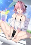  1boy astolfo_(fate) bare_legs bare_shoulders barefoot beach bikini bow fang fate/grand_order fate_(series) hair_bow happy highres kitajima_yuuki looking_at_viewer male_focus multicolored_hair off_shoulder one_eye_closed open_mouth otoko_no_ko pink_hair purple_eyes sand sitting skin_fang smile soles solo streaked_hair swimsuit toes white_hair 