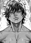  1boy collarbone commentary_request crosshatching eyebrows_hidden_by_hair grappler_baki greyscale hair_over_eyes hanma_baki hatching_(texture) kimidake male_focus mole mole_above_mouth monochrome pectorals smile solo topless_male 