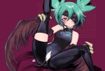  1girl @_@ absurdres asymmetrical_clothes bare_shoulders black_feathers black_wings blush bodysuit commission crotch_zipper eyepatch feathered_wings feathers green_hair harpy highres indie_virtual_youtuber leg_up light_censor lincoro long_bangs looking_at_viewer monster_girl pixiv_commission pussy_juice red_eyes ryuu_tou short_twintails single_pantsleg single_thighhigh skin_tight sleeveless solo thighhighs twintails virtual_youtuber winged_arms wings zipper 