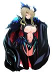  1girl absurdres armor artoria_pendragon_(fate) artoria_pendragon_(lancer_alter)_(fate) black_bodysuit black_cape blonde_hair blush bodysuit braid breasts cape center_opening cleavage cloak clothing_cutout fate/grand_order fate_(series) faulds hey_taisyou highres horns large_breasts looking_at_viewer pauldrons ribbed_bodysuit shoulder_armor sidelocks simple_background solo underboob white_background yellow_eyes 
