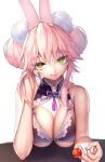  1girl adjusting_hair animal_ear_fluff animal_ears bare_arms bow bra breasts cherry chinese_clothes cleavage closed_mouth collar detached_collar double_bun fate/grand_order fate_(series) food fruit glint hair_between_eyes hair_bun huge_breasts koyanskaya_(fate) lace_print lips looking_at_viewer mogullaz pink_hair purple_bow purple_bra purple_collar rabbit_ears simple_background smile solo tamamo_(fate) underwear upper_body white_background yellow_eyes 