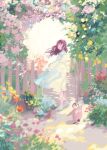  1girl animal bird brown_eyes brown_hair dappled_sunlight day dress fence flower high_heels highres long_hair looking_at_viewer looking_back open_mouth original outdoors penguin sky solo standing sunlight tabi_(tabisumika) white_dress wooden_fence 