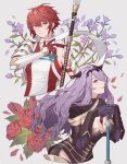  2girls ai_tkkm armor axe between_breasts black_armor black_gloves breasts camilla_(fire_emblem) cleavage closed_mouth commentary_request cropped_torso fake_horns fire_emblem fire_emblem_fates flower gauntlets gloves grey_background grin hair_between_eyes hair_ornament hair_over_one_eye highres hinoka_(fire_emblem) holding holding_axe holding_polearm holding_weapon horns interlocked_fingers japanese_armor japanese_clothes large_breasts leaf long_hair looking_at_viewer multiple_girls naginata one_eye_covered own_hands_together petals polearm purple_eyes purple_flower purple_hair red_eyes red_flower red_hair red_rose rose scarf short_hair simple_background smile spear wavy_hair weapon white_scarf 