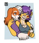  anthro bird_dog blep breasts canid canine canis cleavage clothed clothing domestic_dog duo female floppy_ears freckles freckles_(artist) fur hair hand_holding hoodie hunting_dog lips male mammal multicolored_body multicolored_fur one_eye_closed orange_body orange_fur pecas_(freckles) purple_hair shirt simple_background spaniel tan_body tan_fur tank_top thick_bottom_lip tongue tongue_out topwear two_tone_body two_tone_fur welsh_springer_spaniel white_body white_fur white_hair yellow_body yellow_fur 