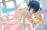  1boy 1girl arm_tattoo ass black_hair blonde_hair breasts completely_nude curtains flower genshin_impact hair_flower hair_ornament hetero highres lumine_(genshin_impact) lying nude one_eye_closed open_mouth pillow senasolumi sex short_hair tattoo window xiao_(genshin_impact) yellow_eyes 