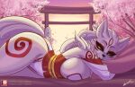  2023 amaterasu_(okami) anthro anthrofied big_breasts black_sclera breasts canid canine canis capcom cherry_blossom clothed clothing deity female fur inner_ear_fluff looking_at_viewer lying lyorenth-the-dragon mammal markings okami_(capcom) outside pillow pillow_hug plant red_markings seductive solo tuft white_body white_fur wide_hips wolf yellow_eyes 