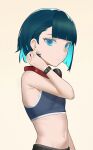  1girl 4hnyu :| adjusting_hair aqua_hair armpits bangs bare_shoulders black_pants blue_eyes blue_hair blue_sports_bra blunt_bangs bob_cut breasts closed_mouth colored_inner_hair curled_fingers expressionless headphones headphones_around_neck highres looking_at_viewer midriff multicolored_hair navel original pants playing_with_own_hair red_headphones short_hair sleeveless small_breasts solo sports_bra standing striped striped_background two-tone_hair upper_body vertical_stripes watch wristwatch yellow_background 