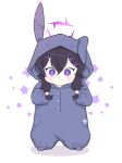  1girl alternate_costume animal_costume black_hair blue_archive blush_stickers chibi commentary_request floral_background full_body hair_between_eyes hair_ornament hairclip halo haruka_(blue_archive) highres holding holding_hair long_sleeves looking_at_viewer parted_lips playing_with_own_hair pocket puffy_cheeks purple_eyes rabbit_costume short_hair short_hair_with_long_locks sidelocks simple_background solo standing white_background yosik 