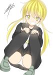  black_thighhighs blonde_hair crescent crescent_pin hakutsu hands_on_own_knees highres kantai_collection loafers long_hair panties pantyshot satsuki_(kancolle) school_uniform serafuku shoes signature simple_background smile squatting thighhighs twintails underwear white_panties yellow_eyes 