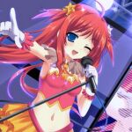  1girl artist_request blue_eyes character_request concert copyright_request cowboy_shot gloves happy looking_at_viewer microphone microphone_stand music non-web_source one_eye_closed orange_skirt red_hair singing skirt smile solo source_request stage 