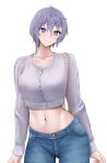  1girl azur_lane bellona_(azur_lane) breasts commentary_request cowboy_shot crop_top denim grey_eyes grey_hair grey_shirt highres jakqbigone jeans long_sleeves looking_at_viewer medium_breasts midriff navel pants shirt short_hair simple_background smile solo standing stomach white_background 