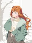  1girl aged_up blue_eyes coat collared_shirt dress_shirt hair_down hair_intakes idolmaster idolmaster_(classic) k.sho long_hair open_clothes open_coat orange_hair parted_lips shirt simple_background skirt sleeves_past_wrists solo takatsuki_yayoi winter_clothes winter_coat 