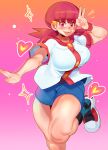  1girl :d absurdres blue_shorts blush breasts buttons cashumeru heart highres large_breasts looking_at_viewer open_mouth pokemon red_eyes red_hair shoes short_shorts shorts smile socks solo standing standing_on_one_leg thick_thighs thighs v whitney_(pokemon) wristband 