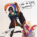  2boys black_eyeshadow black_hair black_pants collarbone dodoro999 eyeshadow green_pants hair_over_one_eye highres hwei_(league_of_legends) korean_text league_of_legends long_hair long_sleeves looking_at_viewer makeup male_focus multiple_boys paint pants ponytail speech_bubble standing sweatdrop swept_bangs teeth 