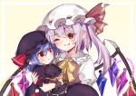  2girls ;) absurdres black_headwear blue_hair bow bowtie chain commentary_request crying crystal doll fang flandre_scarlet flandre_scarlet_(vampire_pursuing_the_hunter) hat hat_ribbon highres kutabiretainu light_purple_hair medium_hair multiple_girls one_eye_closed one_side_up pointy_ears red_eyes red_ribbon remilia_scarlet remilia_scarlet_(tiny_devil_mistress) ribbon short_hair siblings simple_background sisters smile tears touhou touhou_lost_word white_headwear wings yellow_background yellow_bow yellow_bowtie 
