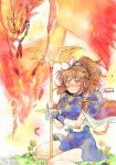  1girl 1other arle_nadja armor blue_skirt blush brown_hair fenix fire holding holding_staff madou_monogatari ponytail puyopuyo ri25to shoulder_armor sitting skirt staff yellow_eyes 