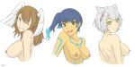  3girls :d absurdres animal_ears bangs blue_hair breasts cat_ears enbu_steel00 eunie_(xenoblade) fiery_hair glowing_lines highres looking_at_viewer medium_breasts mio_(xenoblade) multiple_girls nipples sena_(xenoblade) short_hair side_ponytail sketch smile topless xenoblade_chronicles_(series) xenoblade_chronicles_3 