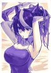  1girl absurdres animal_ears armpits arms_behind_head arms_up bare_arms bare_shoulders blush breasts closed_mouth commentary_request hair_between_eyes hair_tie hair_tie_in_mouth hands_in_hair highres horse_ears large_breasts monochrome mouth_hold multicolored_hair one-piece_swimsuit purple_theme solo streaked_hair swimsuit symboli_rudolf_(umamusume) umamusume umeumeduka upper_body 