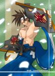  2002 blue_hakama brown_hair detached_sleeves folding_fan guilty_gear guilty_gear_x hakama hand_fan japanese_clothes kinomin lowres male_focus mito_anji no_shirt solo spiked_hair 