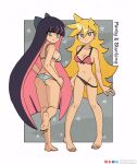  2girls absurdres ass bare_shoulders barefoot black_hair black_panties blonde_hair blunt_bangs blush bow bra breasts butt_crack character_name collarbone colored_inner_hair framed full_body grey_background hair_between_eyes hair_bow highres keetydraws long_hair multicolored_hair multiple_girls navel panties panty_&amp;_stocking_with_garterbelt panty_(psg) pink_bra pink_hair standing stocking_(psg) stomach striped striped_bra striped_panties two-tone_hair underwear white_background 