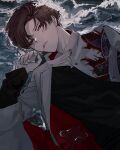  1boy black_shirt blood blood_from_mouth brown_hair commentary_request curtained_hair earclip earrings eyebrow_cut fate/grand_order fate_(series) from_above frown glaring hand_up high_collar highres jacket jewelry looking_at_viewer lying male_focus narrowed_eyes on_back open_clothes open_jacket parted_lips partially_submerged red_eyes shirt short_hair solo syakegaumai takasugi_shinsaku_(fate) takasugi_shinsaku_(first_ascension)_(fate) upper_body water waves white_jacket 