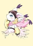  1other angel_wings angewomon angewomon_(cosplay) cosplay digimon digimon_(creature) from_side gloves highres other_focus shioronshion simple_background solo tailmon wings yellow_background 
