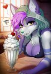  &lt;3 absurd_res anthro beverage breasts canid canine canis domestic_dog female furniture hi_res husky kotlass looking_at_viewer mammal milkshake minty_mintleaf_(fishpaste2100) nordic_sled_dog smile solo speech_bubble spitz table tagme 