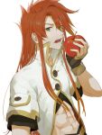  1boy abs apple belt black_shirt brown_gloves buttons commentary_request crop_top fingerless_gloves fingernails food fruit gloves green_eyes hair_between_eyes hand_up high_collar highres holding holding_food holding_fruit imminent_bite jacket long_hair looking_at_viewer luke_fon_fabre male_focus meba open_mouth red_apple red_hair shirt short_sleeves sidelocks solo spiked_hair tales_of_(series) tales_of_the_abyss toned toned_male upper_body white_background white_jacket 