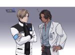  2boys android beard brown_hair bugouyanxiao character_name closed_mouth crossed_arms dark-skinned_male dark_skin detroit:_become_human english_commentary expressionless facial_hair hand_on_own_hip heart highres id_card lab_coat leon_s._kennedy light_brown_hair long_sleeves looking_at_another luis_sera male_focus multiple_boys pants parted_bangs resident_evil resident_evil_4 resident_evil_4_(remake) short_hair smile upper_body yaoi 