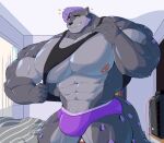  abs absurd_res bedroom biceps bulge clothing felid furry hi_res invalid_tag mammal massive muscular pantherine pecs purple shy snow_leopard tall underwear wholesome 