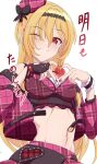  blonde_hair breasts hairband heart highres idolmaster idolmaster_cinderella_girls kurosaki_chitose long_hair nail_polish navel one_eye_closed plaid plaid_skirt red_eyes skirt smile stomach tantei001 