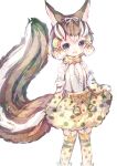  1girl absurdres alternate_costume animal_ears bow bowtie brown_eyes brown_hair chipmunk_ears chipmunk_girl chipmunk_tail extra_ears geoffroy&#039;s_cat_(kemono_friends) highres kemono_friends kemono_friends_v_project kneehighs looking_at_viewer maki_gamin microphone ribbon shirt short_hair siberian_chipmunk_(kemono_friends) simple_background skirt socks solo suspenders tail virtual_youtuber 