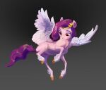  2021 crown digital_media_(artwork) equid equine feather_tuft feathered_wings feathers female feral fur hair hasbro headgear hooves leg_tuft looking_down mammal mane mlp_g5 my_little_pony pegasus pink_body pink_feathers pink_fur pipp_petals_(mlp) purple_hair purple_mane purple_tail red_eyes smile solo spread_wings tail tuft varwing wings 