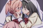  2girls akemi_homura black_hair black_headband bow bowtie hand_on_another&#039;s_face headband highres imminent_kiss kaname_madoka kuro_miumu long_hair long_sleeves looking_at_another mahou_shoujo_madoka_magica mitakihara_school_uniform multiple_girls pink_eyes pink_hair red_bow red_bowtie school_uniform short_twintails twintails under_covers yuri 