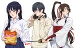  1boy 2girls black_hair blue_eyes boku_no_kokoro_no_yabai_yatsu breikka brown_eyes brown_hair eating food hair_ribbon headphones headphones_around_neck high_ponytail holding holding_food holding_snack holding_sword holding_weapon japanese_clothes jigokuraku katana long_hair long_sleeves looking_at_viewer multiple_girls name_connection obi pleated_skirt ponytail red_ribbon ribbon robe sash season_connection shirt short_hair sidelocks skirt sweater sword trait_connection very_long_hair weapon white_robe white_shirt yamada-kun_to_lv999_no_koi_wo_suru yamada_akito yamada_anna yamada_asaemon_sagiri 