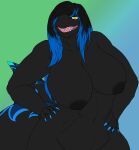  anthro areola big_breasts black_hair black_nipples breasts female fin fish hair hair_over_eye hands_on_hips hi_res highlights_(coloring) huge_breasts lack_body marine nipples one_eye_obstructed open_mouth shark sharp_teeth solo tail tail_fin teeth tolerain yellow_eyes 