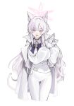  1girl absurdres akira_(blue_archive) animal_ears belt blue_archive blush gloves halo highres long_hair long_sleeves mark_jin pants pink_eyes pink_halo simple_background standing white_background white_belt white_gloves white_hair white_pants 