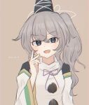  1girl black_headwear brown_background dated grey_eyes grey_hair hat highres japanese_clothes kariginu long_hair long_sleeves monochrome mononobe_no_futo open_mouth pipita pom_pom_(clothes) ponytail simple_background solo tate_eboshi touhou upper_body 