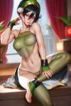  1girl avatar:_the_last_airbender avatar_legends bare_shoulders barefoot black_hair blurry blurry_background breasts collarbone crossed_legs feet foot_out_of_frame green_leggings green_panties grey_eyes hair_between_eyes hand_on_own_leg hand_up leggings navel neoartcore paid_reward_available panties plant pom_pom_(clothes) red_curtains short_hair sitting solo taut_clothes toenails toes toph_bei_fong underwear wrist_cuffs 