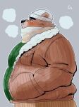  2023 anthro bear belly big_belly black_nose blush brown_body clothing devour1129 hat headgear headwear hi_res japanese_text kemono male mammal overweight overweight_male simple_background solo sweater text topwear 
