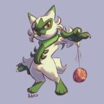  advos ambiguous_gender anthro claws finger_claws floragato fur generation_9_pokemon green_body green_fur nintendo pokemon pokemon_(species) red_eyes simple_background solo yo-yo 